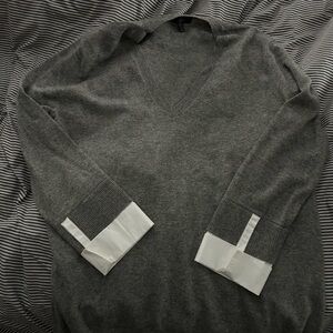 Women’s V-Neck Gray Sweater with Contrast Cuff Detail